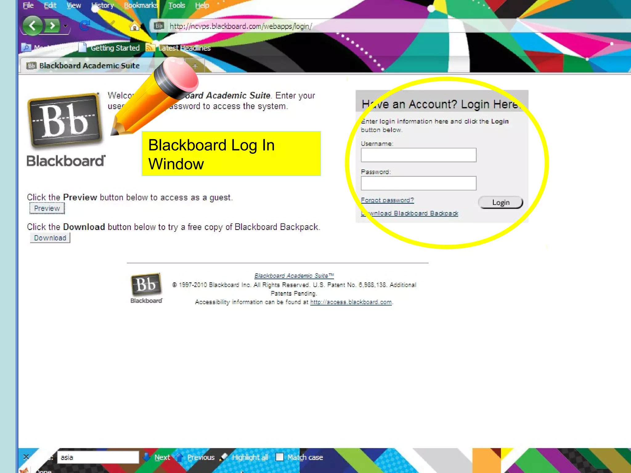 o
Blackboard Log In
Window
 