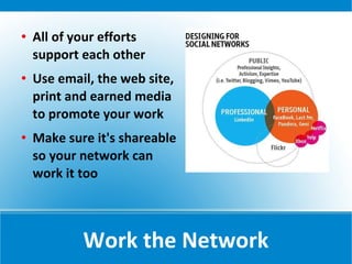    All of your efforts
    support each other
   Use email, the web site,
    print and earned media
    to promote your work
   Make sure it's shareable
    so your network can
    work it too



            Work the Network
 