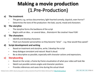 Making a movie production
                                 (1.Pre-Production)
     a)       The treatment
             –       The genre, e.g. serious documentary, light-hearted comedy, slapstick, even horror?
             –       Determines the tone of the production: the look, sound, mood and characters
     b)       The storyline
             –       The storyline forms the backbone of the script
             –       Begins with an idea… or several ideas… Brainstorm! Be creative! Have FUN!
     c)       The characters
             –       Identify and develop characters
             –       Flesh out character personalities so they become “alive” - e.g. How would they speak?
     d)       Script development and writing
             –       Based on treatment and storyline, write / develop the script
             –       Keep dialogue consistent and natural. Read it aloud.
             –       Be as descriptive as possible, especially with character actions and expressions.
     e)       Storyboarding
             –       Based on the script, a frame-by-frame visualization of what your video will look like
             –       Sketch out possible camera angles and character positions
             –       Provides references and saves time during the actual shoot
iMedia Centre. (2007). Step-by-step guide to video production [PowerPoint Slides]. Retrieved from http://mel.np.edu.sg   Slide 4
 