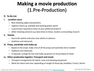 Making a movie production
                                 (1.Pre-Production)
     f) To-Do List
     i. Location recce
              –    Best shooting angles and positions
              –    Logistics check e.g. available and working power points
              –    Is permission required to shoot at your preferred location?
              –    Other shooting concerns e.g. best times to shoot, location surroundings (noisy?)
     ii. Talents
              – Source for talents and voice-over talents in advance
              – Auditions and rehearsals
     iii. Props, wardrobe and make-up
              – Based on the script, make a list of all the props and wardrobe items needed
              – Auditions and rehearsals
              – If required, arrange for hair and make-up person on actual day(s) of shoot
     iv. Other production logistics: Transport and meals
              – Transport arrangements for talent, crew and shooting equipment
              – Meals for talent and crew: depending on length of shoot day, breakfast / lunch / dinner


iMedia Centre. (2007). Step-by-step guide to video production [PowerPoint Slides]. Retrieved from http://mel.np.edu.sg   Slide 5
 