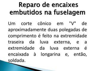Reparo de encaixes
embutidos na fuselagem
Um corte cônico em "V" de
aproximadamente duas polegadas de
comprimento é feito na extremidade
traseira da luva externa, e a
extremidade da luva externa é
encaixada à longarina e, então,
soldada.
 