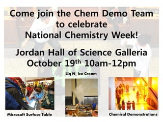Come join the Chem Demo Team
to celebrate
National Chemistry Week!
Jordan Hall of Science Galleria
October 19th 10am-12pm
Liq N2 Ice Cream

Microsoft Surface Table

Chemical Demonstrations

 