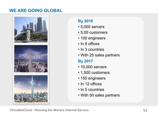 11ChinaNetCloud - Running the World’s Internet Servers
WE ARE GOING GLOBAL
By 2016
• 5,000 servers
• 500 customers
• 100 engineers
• In 8 offices
• In 3 countries
• With 25 sales partners
By 2017
• 10,000 servers
• 1,500 customers
• 150 engineers
• In 12 offices
• In 5 countries
• With 50 sales partners
 