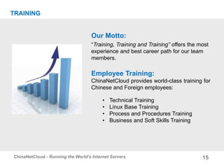 Our Motto:
“Training, Training and Training” offers the most
experience and best career path for our team
members.
Employee Training:
ChinaNetCloud provides world-class training for
Chinese and Foreign employees:
• Technical Training
• Linux Base Training
• Process and Procedures Training
• Business and Soft Skills Training
15ChinaNetCloud - Running the World’s Internet Servers
TRAINING
 