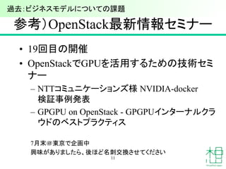参考）OpenStack最新情報セミナー
• 19回目の開催
• OpenStackでGPUを活用するための技術セミ
ナー
– NTTコミュニケーションズ様 NVIDIA-docker
検証事例発表
– GPGPU on OpenStack - GPGPUインターナルクラ
ウドのベストプラクティス
7月末＠東京で企画中
興味がありましたら、後ほど名刺交換させてください
11
過去：ビジネスモデルについての課題
 