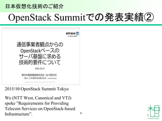 OpenStack Summitでの発表実績②
2015/10 OpenStack Summit Tokyo
We (NTT West, Canonical and VTJ)
spoke ”Requirements for Providing
Telecom Services on OpenStack-based
Infrastructure”. 6
日本仮想化技術のご紹介
 