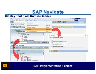 SAP Navigate
Display Technical Names (Tcode)




51                 SAP Implementation Project
 