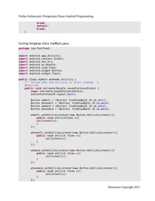 Firdan Ardiansyah | Pengenalan Dasar Android Programming.
break;
default:
break;
}
Listing lengkap class myMain.java :
package com.FastFood;
import android.app.Activity;
import android.content.Intent;
import android.net.Uri;
import android.os.Bundle;
import android.view.View;
import android.widget.Button;
import android.widget.Toast;
public class myMain extends Activity {
/** Called when the activity is first created. */
@Override
public void onCreate(Bundle savedInstanceState) {
super.onCreate(savedInstanceState);
setContentView(R.layout.main);
Button webkfc = (Button) findViewById (R.id.skfc);
Button phonekfc = (Button) findViewById (R.id.pmcd);
Button webmcd = (Button) findViewById (R.id.smcd);
Button phonemcd = (Button) findViewById (R.id.pmcd);
webkfc.setOnClickListener(new Button.OnClickListener(){
public void onClick(View v){
callintent(v);
}
});
phonekfc.setOnClickListener(new Button.OnClickListener(){
public void onClick (View v){
callintent(v);
}
});
webmcd.setOnClickListener(new Button.OnClickListener(){
public void onClick (View v){
callintent(v);
}
});
phonemcd.setOnClickListener(new Button.OnClickListener(){
public void onClick (View v){
callintent(v);
}
});
Biraynara Copyright 2011
 
