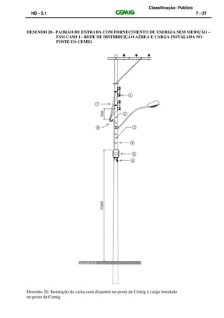 Classificação: Público
ND - 5.1 7 - 37
DESENHO 20 - PADRÃO DE ENTRADA COM FORNECIMENTO DE ENERGIA SEM MEDIÇÃO –
FSM CASO 1 - REDE DE DISTRIBUIÇÃO AÉREA E CARGA INSTALADA NO
POSTE DA CEMIG
Desenho 20: Instalação da caixa com disjuntor no poste da Cemig e carga instalada
no poste da Cemig
 