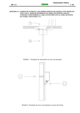 Classificação: Público
ND - 5.1 7 - 40
DESENHO 23 - PADRÃO DE ENTRADA COM FORNECIMENTO DE ENERGIA SEM MEDIÇÃO –
FSM CASO 2 - REDE DE DISTRIBUIÇÃO AÉREA DO MESMO LADO DA
UNIDADE CONSUMIDORA E CARGA EM OUTRO LOCAL (FORA DO POSTE
DA CEMIG)– DETALHES 1 E 2
Detalhe 1 : Instalação de aterramento na caixa de passagem
Detalhe 2: Instalação da caixa com disjuntor no poste da Cemig
 