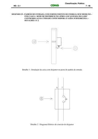 Classificação: Público
ND - 5.1 7 - 46
DESENHO 29 - PADRÃO DE ENTRADA COM FORNECIMENTO DE ENERGIA SEM MEDIÇÃO –
FSM CASO 4 - REDE DE DISTRIBUIÇÃO AÉREA LOCALIZADA DO LADO
CONTRÁRIO AO DA UNIDADE CONSUMIDORA E SAÍDA SUBTERRÂNEA –
DETALHES 1 E 2
Detalhe 1 : Instalação da caixa com disjuntor no poste do padrão de entrada
Detalhe 2 : Diagrama Elétrico de conexão do disjuntor
 