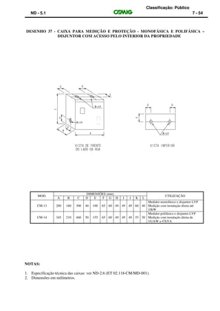 Classificação: Público
ND - 5.1 7 - 54
DESENHO 37 - CAIXA PARA MEDIÇÃO E PROTEÇÃO - MONOFÁSICA E POLIFÁSICA –
DISJUNTOR COM ACESSO PELO INTERIOR DA PROPRIEDADE
MOD.
DIMENSÕES (mm)
UTILIZAÇÃO
A B C D E F G H I J K L
CM-13 280 160 300 40 100 65 60 49 49 49 60 40
Medidor monofásico e disjuntor LVP
Medição com instalação direta até
10kW
CM-14 345 210 460 50 155 65 60 49 49 49 55 50
Medidor polifásico e disjuntor LVP
Medição com instalação direta de
10,1kW a 47kVA
NOTAS:
1. Especificação técnica das caixas: ver ND-2.6 (ET 02.118-CM/MD-001).
2. Dimensões em milímetros.
 