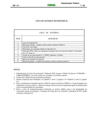 Classificação: Público
ND - 5.1 7 - 63
LISTA DE MATERIAL DO DESENHO 46
NOTAS:
1. Especificações da “faixa de advertência”: Material: PVC; Largura: 150mm; Os dizeres “CUIDADO –
CABO ELÉTRICO”, no centro da fita, em vermelho; Cor da fita: amarelo.
2. Utilizar fck=76kgf/cm² para envelope de concreto.
3. Demais exigências para instalação, ver Capítulo 3, item 1.3, página 3-3 e Capítulo 4, item 2.2, página
4-3.
4. Para o atendimento à demanda superior a 95kVA e igual ou inferior à 304kVA, o ramal de ligação será
subterrâneo em baixa tensão e o ponto de entrega será na caixa de inspeção/passagem localizada junto
à divisa da propriedade do consumidor.
5. Entre a caixa de inspeção/passagem localizada no passeio público junto à da propriedade do
consumidor (ponto de entrega) e a medição da Cemig deve ser utilizado o eletroduto de PVC rígido
conforme o Desenho 42.
LISTA DE MATERIAL
ITEM DESCRIÇÃO
1 Caixa de inspeção ZC
2 Ramal de entrada : condutor cobre isolado conforme Tabela 5
3 Curva 90° raio longo
4 Eletroduto aço conforme Tabela 5 e Desenho 43
5
Eletroduto PVC rígido ou espiralado corrugado flexível conforme Tabela 5 e Desenhos
42 e 43 (Nota 5)
6 Arame de aço galvanizado n° 12 BWG (diâmetro 2,76mm)
7 Cinta ou fita de aço galvanizado
8 Massa de calafetar ou cabeçote
9 Ramal de ligação : condutor de alumínio isolado conforme Tabela 5
 