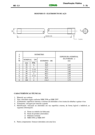 Classificação: Público
ND - 5.1 7 - 70
DESENHO 53 - ELETRODUTO DE AÇO
CARACTERÍSTICAS TÉCNICAS:
1. Material: aço carbono
2. Tipo: eletroduto rígido conforme NBR 5598 ou NBR 5597
3. Acabamento: superfícies internas e externas do eletroduto e luva isenta de rebarbas e quinas vivas
4. Tratamento: zincagem por imersão a quente
5. Identificação: marcação no eletroduto em sua superfície externa, de forma legível e indelével, as
seguintes informações:
a) Nome ou símbolo do fabricante
b) Nome do produto (eletroduto)
c) Diâmetro nominal
d) NBR 5598 ou NBR 5597
6. Partes componentes: fornecer eletroduto com uma luva
I
T
DIÂMETRO
ESPESSURA NOMINAL
DA PAREDE - e
mm
E
M
NOMINAL - DN
EXTERNO - DE
mmmm POL
1 20 ¾ 26,9 2,25
2 25 1 33,7 2,65
3 32 1 1/4 42,4 2,65
4 40 1 1/2 48,3 3,00
5 50 2 60,3 3,00
6 65 2 1/2 76,1 3,35
7 80 3 88,9 3,35
8 100 4 114,3 3,75
 