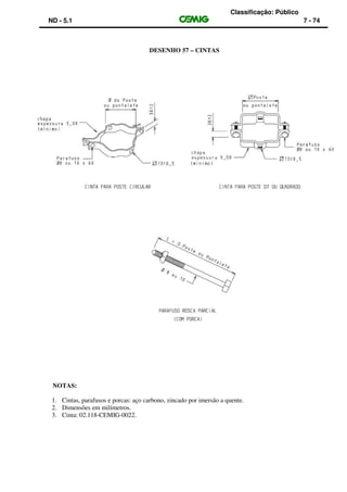 Classificação: Público
ND - 5.1 7 - 74
DESENHO 57 – CINTAS
NOTAS:
1. Cintas, parafusos e porcas: aço carbono, zincado por imersão a quente.
2. Dimensões em milímetros.
3. Cinta: 02.118-CEMIG-0022.
 