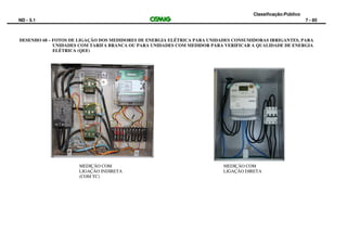 Classificação:Público
ND - 5.1 7 - 85
DESENHO 68 – FOTOS DE LIGAÇÃO DOS MEDIDORES DE ENERGIA ELÉTRICA PARA UNIDADES CONSUMIDORAS IRRIGANTES, PARA
UNIDADES COM TARIFA BRANCA OU PARA UNIDADES COM MEDIDOR PARA VERIFICAR A QUALIDADE DE ENERGIA
ELÉTRICA (QEE)
MEDIÇÃO COM
LIGAÇÃO INDIRETA
(COM TC)
MEDIÇÃO COM
LIGAÇÃO DIRETA
 