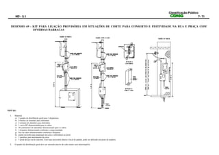 Classificação:Público
ND - 5.1 7- 71
DESENHO 69 - KIT PARA LIGAÇÃO PROVISÓRIA EM SITUAÇÕES DE CORTE PARA CONSERTO E FESTIVIDADE NA RUA E PRAÇA COM
DIVERSAS BARRACAS
NOTAS:
1. Material
a) 1 quadro de distribuição geral para 3 disjuntores
b) 4 buchas de alumínio para eletroduto
c) 2 arruelas de alumínio para eletroduto
d) 1 curva 90º dimensionada para os cabos
e) 50 centímetros de eletroduto dimensionado para os cabos
f) 1 disjuntor dimensionado conforme a carga instalada
g) fios ou cabos dimensionados conforme o disjuntor
h) arame recozido para amarração da caixa e eletrodutos ao poste
i) 1 parafuso para aterramento da caixa
j) 1 poste de aço ou de concreto. Caso seja necessário alterar o local do padrão, pode ser utilizado um poste de madeira
2. O quadro de distribuição geral deve ser aterrado através do cabo neutro sem interrompê-lo.
 