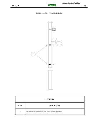 Classificação:Público
ND - 5.1 7 - 72
DESENHO 70 – FITA METÁLICA
LEGENDA
ITEM DESCRIÇÃO
1 Fita metálica contínua ou com furos e com presilhas.
 