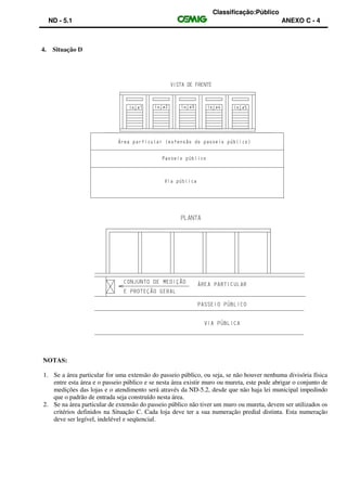Classificação:Público
ND - 5.1 ANEXO C - 4
4. Situação D
NOTAS:
1. Se a área particular for uma extensão do passeio público, ou seja, se não houver nenhuma divisória física
entre esta área e o passeio público e se nesta área existir muro ou mureta, este pode abrigar o conjunto de
medições das lojas e o atendimento será através da ND-5.2, desde que não haja lei municipal impedindo
que o padrão de entrada seja construído nesta área.
2. Se na área particular de extensão do passeio público não tiver um muro ou mureta, devem ser utilizados os
critérios definidos na Situação C. Cada loja deve ter a sua numeração predial distinta. Esta numeração
deve ser legível, indelével e seqüencial.
 