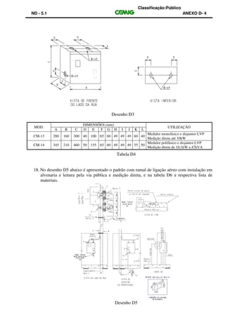 Classificação:Público
ND - 5.1 ANEXO D- 4
Desenho D3
MOD.
DIMENSÕES (mm)
UTILIZAÇÃO
A B C D E F G H I J K L
CM-13 280 160 300 40 100 65 60 49 49 49 60 40
Medidor monofásico e disjuntor LVP
Medição direta até 10kW
CM-14 345 210 460 50 155 65 60 49 49 49 55 50
Medidor polifásico e disjuntor LVP
Medição direta de 10,1kW a 47kVA
Tabela D4
18. No desenho D5 abaixo é apresentado o padrão com ramal de ligação aéreo com instalação em
alvenaria e leitura pela via pública e medição direta, e na tabela D6 a respectiva lista de
materiais.
Desenho D5
 