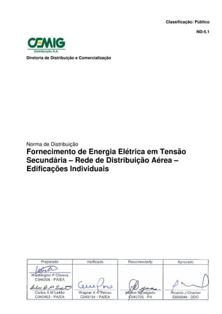 Classificação: Público
ND-5.1
Diretoria de Distribuição e Comercialização
Norma de Distribuição
Fornecimento de Energia Elétrica em Tensão
Secundária – Rede de Distribuição Aérea –
Edificações Individuais
Preparado Verificado Recomendado Aprovado
____________________
Washington P Oliveira
46306 - PA/EA
__________________ ____________________ ____________________ ____________________
Carlos A M Leitão
45463 - PA/EA
Luiz B Franceschini
45561 - PE/EA
Ronaldo G de Abreu
41737 - PE
Ronaldo G de Abreu
41737 - DDC
 