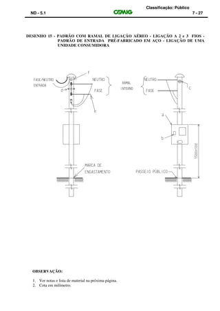 Classificação: Público
ND - 5.1 7 - 27
DESENHO 15 - PADRÃO COM RAMAL DE LIGAÇÃO AÉREO - LIGAÇÃO A 2 e 3 FIOS -
PADRÃO DE ENTRADA PRÉ-FABRICADO EM AÇO - LIGAÇÃO DE UMA
UNIDADE CONSUMIDORA
OBSERVAÇÃO:
1. Ver notas e lista de material na próxima página.
2. Cota em milímetro.
 