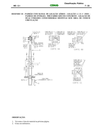 Classificação: Público
ND - 5.1 7 - 33
DESENHO 18 - PADRÃO COM RAMAL DE LIGAÇÃO AÉREO - LIGAÇÃO A 2 E 3 FIOS -
PADRÃO DE ENTRADA PRÉ-FABRICADO EM CONCRETO - LIGAÇÃO DE
DUAS UNIDADES CONSUMIDORAS DISTINTAS SEM ÁREA DE COMUM
CIRCULAÇÃO
OBSERVAÇÃO:
1. Ver notas e lista de material na próxima página.
2. Cotas em milímetros.
 