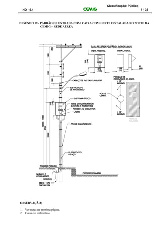 Classificação: Público
ND - 5.1 7 - 35
DESENHO 19 - PADRÃO DE ENTRADA COM CAIXA COM LENTE INSTALADA NO POSTE DA
CEMIG – REDE AÉREA
OBSERVAÇÃO:
1. Ver notas na próxima página.
2. Cotas em milímetros.
 