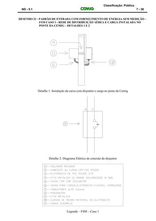 Classificação: Público
ND - 5.1 7 - 38
DESENHO 21 - PADRÃO DE ENTRADA COM FORNECIMENTO DE ENERGIA SEM MEDIÇÃO –
FSM CASO 1 - REDE DE DISTRIBUIÇÃO AÉREA E CARGA INSTALADA NO
POSTE DA CEMIG – DETALHES 1 E 2
Detalhe 1: Instalação da caixa com disjuntor e carga no poste da Cemig
Detalhe 2: Diagrama Elétrico de conexão do disjuntor
Legenda – FSM – Caso 1
 