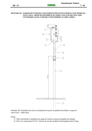 Classificação: Público
ND - 5.1 7 - 45
DESENHO 28 - PADRÃO DE ENTRADA COM FORNECIMENTO DE ENERGIA SEM MEDIÇÃO –
FSM CASO 4 - REDE DE DISTRIBUIÇÃO AÉREA LOCALIZADA DO LADO
CONTRÁRIO AO DA UNIDADE CONSUMIDORA E SAÍDA AÉREA
Desenho 28: Instalação da caixa com disjuntor no poste do padrão de entrada e carga em
outro local – saída aérea
Notas:
1) Não é permitida a instalação da carga do cliente no poste do padrão de entrada;
2) Deve ser usado poste PA de 7 metros de um dos modelos homologados pela Cemig.
 
