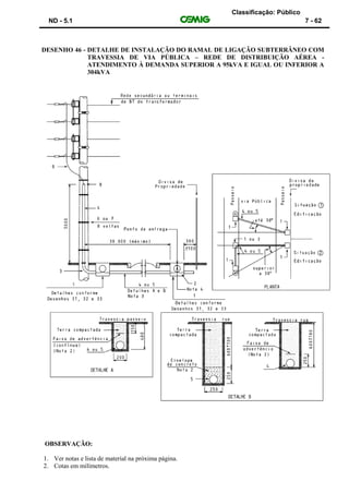 Classificação: Público
ND - 5.1 7 - 62
DESENHO 46 - DETALHE DE INSTALAÇÃO DO RAMAL DE LIGAÇÃO SUBTERRÂNEO COM
TRAVESSIA DE VIA PÚBLICA – REDE DE DISTRIBUIÇÃO AÉREA -
ATENDIMENTO À DEMANDA SUPERIOR A 95kVA E IGUAL OU INFERIOR A
304kVA
OBSERVAÇÃO:
1. Ver notas e lista de material na próxima página.
2. Cotas em milímetros.
 