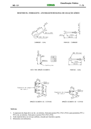 Classificação: Público
ND - 5.1 7 - 73
DESENHO 56 - FERRAGENS - ANCORAGEM DO RAMAL DE LIGAÇÃO AÉREO
NOTAS:
1. A espessura da chapa deve ser de , no mínimo, 3mm para postes PA1, PA2 e PA4 e para pontaletes PT1 e
PT2 e de, no mínimo, 5mm para os postes PA3, PA5 e PA6.
2. Todo material deve ser em aço carbono, zincado por imersão a quente.
3. Dimensões em milímetros.
 