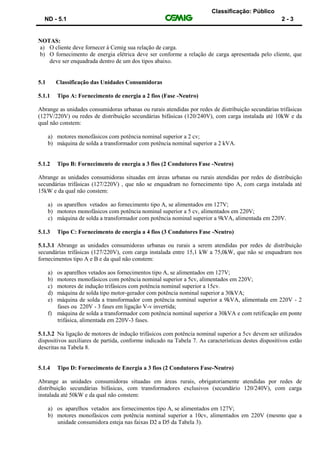 Classificação: Público
ND - 5.1 2 - 3
NOTAS:
a) O cliente deve fornecer à Cemig sua relação de carga.
b) O fornecimento de energia elétrica deve ser conforme a relação de carga apresentada pelo cliente, que
deve ser enquadrada dentro de um dos tipos abaixo.
5.1 Classificação das Unidades Consumidoras
5.1.1 Tipo A: Fornecimento de energia a 2 fios (Fase -Neutro)
Abrange as unidades consumidoras urbanas ou rurais atendidas por redes de distribuição secundárias trifásicas
(127V/220V) ou redes de distribuição secundárias bifásicas (120/240V), com carga instalada até 10kW e da
qual não constem:
a) motores monofásicos com potência nominal superior a 2 cv;
b) máquina de solda a transformador com potência nominal superior a 2 kVA.
5.1.2 Tipo B: Fornecimento de energia a 3 fios (2 Condutores Fase -Neutro)
Abrange as unidades consumidoras situadas em áreas urbanas ou rurais atendidas por redes de distribuição
secundárias trifásicas (127/220V) , que não se enquadram no fornecimento tipo A, com carga instalada até
15kW e da qual não constem:
a) os aparelhos vetados ao fornecimento tipo A, se alimentados em 127V;
b) motores monofásicos com potência nominal superior a 5 cv, alimentados em 220V;
c) máquina de solda a transformador com potência nominal superior a 9kVA, alimentada em 220V.
5.1.3 Tipo C: Fornecimento de energia a 4 fios (3 Condutores Fase -Neutro)
5.1.3.1 Abrange as unidades consumidoras urbanas ou rurais a serem atendidas por redes de distribuição
secundárias trifásicas (127/220V), com carga instalada entre 15,1 kW a 75,0kW, que não se enquadram nos
fornecimentos tipo A e B e da qual não constem:
a) os aparelhos vetados aos fornecimentos tipo A, se alimentados em 127V;
b) motores monofásicos com potência nominal superior a 5cv, alimentados em 220V;
c) motores de indução trifásicos com potência nominal superior a 15cv.
d) máquina de solda tipo motor-gerador com potência nominal superior a 30kVA;
e) máquina de solda a transformador com potência nominal superior a 9kVA, alimentada em 220V - 2
fases ou 220V - 3 fases em ligação V-v invertida;
f) máquina de solda a transformador com potência nominal superior a 30kVA e com retificação em ponte
trifásica, alimentada em 220V-3 fases.
5.1.3.2 Na ligação de motores de indução trifásicos com potência nominal superior a 5cv devem ser utilizados
dispositivos auxiliares de partida, conforme indicado na Tabela 7. As características destes dispositivos estão
descritas na Tabela 8.
5.1.4 Tipo D: Fornecimento de Energia a 3 fios (2 Condutores Fase-Neutro)
Abrange as unidades consumidoras situadas em áreas rurais, obrigatoriamente atendidas por redes de
distribuição secundárias bifásicas, com transformadores exclusivos (secundário 120/240V), com carga
instalada até 50kW e da qual não constem:
a) os aparelhos vetados aos fornecimentos tipo A, se alimentados em 127V;
b) motores monofásicos com potência nominal superior a 10cv, alimentados em 220V (mesmo que a
unidade consumidora esteja nas faixas D2 a D5 da Tabela 3).
 