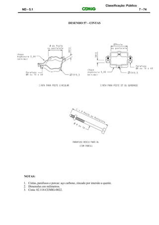 Classificação: Público
ND - 5.1 7 - 74
DESENHO 57 – CINTAS
NOTAS:
1. Cintas, parafusos e porcas: aço carbono, zincado por imersão a quente.
2. Dimensões em milímetros.
3. Cinta: 02.118-CEMIG-0022.
 