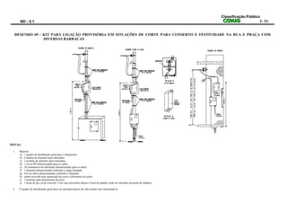 Classificação:Público
ND - 5.1 7- 71
DESENHO 69 - KIT PARA LIGAÇÃO PROVISÓRIA EM SITUAÇÕES DE CORTE PARA CONSERTO E FESTIVIDADE NA RUA E PRAÇA COM
DIVERSAS BARRACAS
NOTAS:
1. Material
a) 1 quadro de distribuição geral para 3 disjuntores
b) 4 buchas de alumínio para eletroduto
c) 2 arruelas de alumínio para eletroduto
d) 1 curva 90º dimensionada para os cabos
e) 50 centímetros de eletroduto dimensionado para os cabos
f) 1 disjuntor dimensionado conforme a carga instalada
g) fios ou cabos dimensionados conforme o disjuntor
h) arame recozido para amarração da caixa e eletrodutos ao poste
i) 1 parafuso para aterramento da caixa
j) 1 poste de aço ou de concreto. Caso seja necessário alterar o local do padrão, pode ser utilizado um poste de madeira
2. O quadro de distribuição geral deve ser aterrado através do cabo neutro sem interrompê-lo.
 