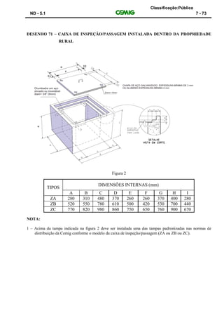 Classificação:Público
ND - 5.1 7 - 73
DESENHO 71 – CAIXA DE INSPEÇÃO/PASSAGEM INSTALADA DENTRO DA PROPRIEDADE
RURAL
Figura 2
TIPOS
DIMENSÕES INTERNAS (mm)
A B C D E F G H I
ZA 280 310 480 370 260 260 370 400 280
ZB 520 550 780 610 500 420 530 700 440
ZC 770 820 980 860 750 650 760 900 670
NOTA:
1 – Acima da tampa indicada na figura 2 deve ser instalada uma das tampas padronizadas nas normas de
distribuição da Cemig conforme o modelo da caixa de inspeção/passagem (ZA ou ZB ou ZC).
 