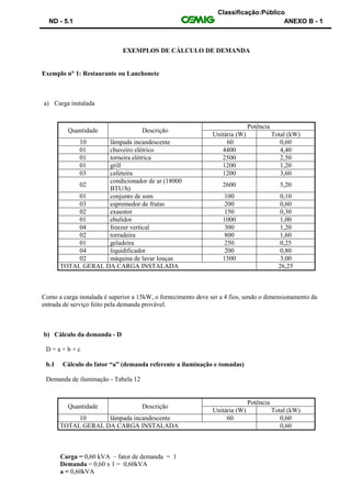 Classificação:Público
ND - 5.1 ANEXO B - 1
EXEMPLOS DE CÁLCULO DE DEMANDA
Exemplo n 1: Restaurante ou Lanchonete
a) Carga instalada
Quantidade Descrição
Potência
Unitária (W) Total (kW)
10 lâmpada incandescente 60 0,60
01 chuveiro elétrico 4400 4,40
01 torneira elétrica 2500 2,50
01 grill 1200 1,20
03 cafeteira 1200 3,60
02
condicionador de ar (18000
BTU/h)
2600 5,20
01 conjunto de som 100 0,10
03 espremedor de frutas 200 0,60
02 exaustor 150 0,30
01 ebulidor 1000 1,00
04 freezer vertical 300 1,20
02 torradeira 800 1,60
01 geladeira 250 0,25
04 liquidificador 200 0,80
02 máquina de lavar louças 1500 3,00
TOTAL GERAL DA CARGA INSTALADA 26,25
Como a carga instalada é superior a 15kW, o fornecimento deve ser a 4 fios, sendo o dimensionamento da
entrada de serviço feito pela demanda provável.
b) Cálculo da demanda - D
D = a + b + c
b.1 Cálculo do fator “a” (demanda referente a iluminação e tomadas)
Demanda de iluminação - Tabela 12
Quantidade Descrição
Potência
Unitária (W) Total (kW)
10 lâmpada incandescente 60 0,60
TOTAL GERAL DA CARGA INSTALADA 0,60
Carga = 0,60 kVA – fator de demanda = 1
Demanda = 0,60 x 1 = 0,60kVA
a = 0,60kVA
 