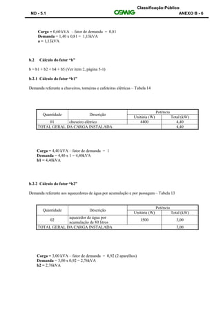 Classificação:Público
ND - 5.1 ANEXO B - 6
Carga = 0,60 kVA – fator de demanda = 0,81
Demanda = 1,40 x 0,81 = 1,13kVA
a = 1,13kVA
b.2 Cálculo do fator “b”
b = b1 + b2 + b4 + b5 (Ver item 2, página 5-1)
b.2.1 Cálculo do fator “b1”
Demanda referente a chuveiros, torneiras e cafeteiras elétricas – Tabela 14
Quantidade Descrição
Potência
Unitária (W) Total (kW)
01 chuveiro elétrico 4400 4,40
TOTAL GERAL DA CARGA INSTALADA 4,40
Carga = 4,40 kVA – fator de demanda = 1
Demanda = 4,40 x 1 = 4,40kVA
b1 = 4,40kVA
b.2.2 Cálculo do fator “b2”
Demanda referente aos aquecedores de água por acumulação e por passagem – Tabela 13
Quantidade Descrição
Potência
Unitária (W) Total (kW)
02
aquecedor de água por
acumulação de 80 litros
1500 3,00
TOTAL GERAL DA CARGA INSTALADA 3,00
Carga = 3,00 kVA – fator de demanda = 0,92 (2 aparelhos)
Demanda = 3,00 x 0,92 = 2,76kVA
b2 = 2,76kVA
 