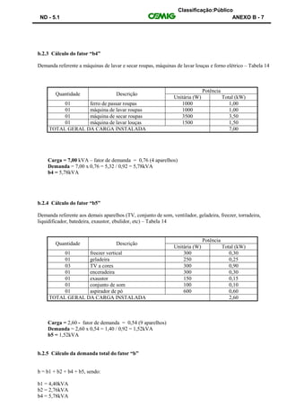 Classificação:Público
ND - 5.1 ANEXO B - 7
b.2.3 Cálculo do fator “b4”
Demanda referente a máquinas de lavar e secar roupas, máquinas de lavar louças e forno elétrico – Tabela 14
Quantidade Descrição
Potência
Unitária (W) Total (kW)
01 ferro de passar roupas 1000 1,00
01 máquina de lavar roupas 1000 1,00
01 máquina de secar roupas 3500 3,50
01 máquina de lavar louças 1500 1,50
TOTAL GERAL DA CARGA INSTALADA 7,00
Carga = 7,00 kVA – fator de demanda = 0,76 (4 aparelhos)
Demanda = 7,00 x 0,76 = 5,32 / 0,92 = 5,78kVA
b4 = 5,78kVA
b.2.4 Cálculo do fator “b5”
Demanda referente aos demais aparelhos (TV, conjunto de som, ventilador, geladeira, freezer, torradeira,
liquidificador, batedeira, exaustor, ebulidor, etc) – Tabela 14
Quantidade Descrição
Potência
Unitária (W) Total (kW)
01 freezer vertical 300 0,30
01 geladeira 250 0,25
03 TV a cores 300 0,90
01 enceradeira 300 0,30
01 exaustor 150 0,15
01 conjunto de som 100 0,10
01 aspirador de pó 600 0,60
TOTAL GERAL DA CARGA INSTALADA 2,60
Carga = 2,60 - fator de demanda = 0,54 (9 aparelhos)
Demanda = 2,60 x 0,54 = 1,40 / 0,92 = 1,52kVA
b5 = 1,52kVA
b.2.5 Cálculo da demanda total do fator “b”
b = b1 + b2 + b4 + b5, sendo:
b1 = 4,40kVA
b2 = 2,76kVA
b4 = 5,78kVA
 