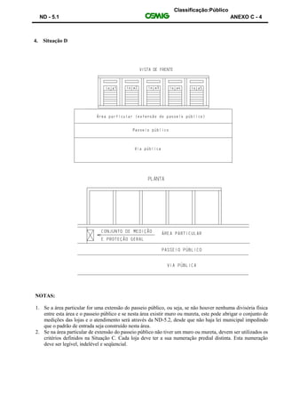 Classificação:Público
ND - 5.1 ANEXO C - 4
4. Situação D
NOTAS:
1. Se a área particular for uma extensão do passeio público, ou seja, se não houver nenhuma divisória física
entre esta área e o passeio público e se nesta área existir muro ou mureta, este pode abrigar o conjunto de
medições das lojas e o atendimento será através da ND-5.2, desde que não haja lei municipal impedindo
que o padrão de entrada seja construído nesta área.
2. Se na área particular de extensão do passeio público não tiver um muro ou mureta, devem ser utilizados os
critérios definidos na Situação C. Cada loja deve ter a sua numeração predial distinta. Esta numeração
deve ser legível, indelével e seqüencial.
 