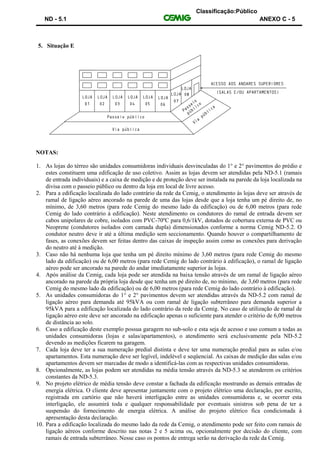 Classificação:Público
ND - 5.1 ANEXO C - 5
5. Situação E
NOTAS:
1. As lojas do térreo são unidades consumidoras individuais desvinculadas do 1° e 2° pavimentos do prédio e
estes constituem uma edificação de uso coletivo. Assim as lojas devem ser atendidas pela ND-5.1 (ramais
de entrada individuais) e a caixa de medição e de proteção deve ser instalada na parede da loja localizada na
divisa com o passeio público ou dentro da loja em local de livre acesso.
2. Para a edificação localizada do lado contrário da rede da Cemig, o atendimento às lojas deve ser através de
ramal de ligação aéreo ancorado na parede de uma das lojas desde que a loja tenha um pé direito de, no
mínimo, de 3,60 metros (para rede Cemig do mesmo lado da edificação) ou de 6,00 metros (para rede
Cemig do lado contrário à edificação). Neste atendimento os condutores do ramal de entrada devem ser
cabos unipolares de cobre, isolados com PVC-70ºC para 0,6/1kV, dotados de cobertura externa de PVC ou
Neoprene (condutores isolados com camada dupla) dimensionados conforme a norma Cemig ND-5.2. O
condutor neutro deve ir até a última medição sem seccionamento. Quando houver o compartilhamento de
fases, as conexões devem ser feitas dentro das caixas de inspeção assim como as conexões para derivação
do neutro até à medição.
3. Caso não há nenhuma loja que tenha um pé direito mínimo de 3,60 metros (para rede Cemig do mesmo
lado da edificação) ou de 6,00 metros (para rede Cemig do lado contrário à edificação), o ramal de ligação
aéreo pode ser ancorado na parede do andar imediatamente superior às lojas.
4. Após análise da Cemig, cada loja pode ser atendida na baixa tensão através de um ramal de ligação aéreo
ancorado na parede da própria loja desde que tenha um pé direito de, no mínimo, de 3,60 metros (para rede
Cemig do mesmo lado da edificação) ou de 6,00 metros (para rede Cemig do lado contrário à edificação).
5. As unidades consumidoras do 1° e 2° pavimentos devem ser atendidas através da ND-5.2 com ramal de
ligação aéreo para demanda até 95kVA ou com ramal de ligação subterrâneo para demanda superior a
95kVA para a edificação localizada do lado contrário da rede da Cemig. No caso de utilização de ramal de
ligação aéreo este deve ser ancorado na edificação apenas o suficiente para atender o critério de 6,00 metros
de distância ao solo.
6. Caso a edificação deste exemplo possua garagem no sub-solo e esta seja de acesso e uso comum a todas as
unidades consumidoras (lojas e salas/apartamentos), o atendimento será exclusivamente pela ND-5.2
devendo as medições ficarem na garagem.
7. Cada loja deve ter a sua numeração predial distinta e deve ter uma numeração predial para as salas e/ou
apartamentos. Esta numeração deve ser legível, indelével e seqüencial. As caixas de medição das salas e/ou
apartamentos devem ser marcadas de modo a identificá-las com as respectivas unidades consumidoras.
8. Opcionalmente, as lojas podem ser atendidas na média tensão através da ND-5.3 se atenderem os critérios
constantes da ND-5.3.
9. No projeto elétrico de média tensão deve constar a fachada da edificação mostrando as demais entradas de
energia elétrica. O cliente deve apresentar juntamente com o projeto elétrico uma declaração, por escrito,
registrada em cartório que não haverá interligação entre as unidades consumidoras e, se ocorrer esta
interligação, ele assumirá toda e qualquer responsabilidade por eventuais sinistros sob pena de ter a
suspensão do fornecimento de energia elétrica. A análise do projeto elétrico fica condicionada à
apresentação desta declaração.
10. Para a edificação localizada do mesmo lado da rede da Cemig, o atendimento pode ser feito com ramais de
ligação aéreos conforme descrito nas notas 2 e 5 acima ou, opcionalmente por decisão do cliente, com
ramais de entrada subterrâneo. Nesse caso os pontos de entrega serão na derivação da rede da Cemig.
 