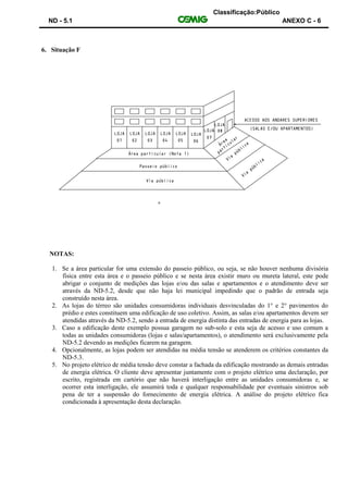 Classificação:Público
ND - 5.1 ANEXO C - 6
6. Situação F
NOTAS:
1. Se a área particular for uma extensão do passeio público, ou seja, se não houver nenhuma divisória
física entre esta área e o passeio público e se nesta área existir muro ou mureta lateral, este pode
abrigar o conjunto de medições das lojas e/ou das salas e apartamentos e o atendimento deve ser
através da ND-5.2, desde que não haja lei municipal impedindo que o padrão de entrada seja
construído nesta área.
2. As lojas do térreo são unidades consumidoras individuais desvinculadas do 1° e 2° pavimentos do
prédio e estes constituem uma edificação de uso coletivo. Assim, as salas e/ou apartamentos devem ser
atendidas através da ND-5.2, sendo a entrada de energia distinta das entradas de energia para as lojas.
3. Caso a edificação deste exemplo possua garagem no sub-solo e esta seja de acesso e uso comum a
todas as unidades consumidoras (lojas e salas/apartamentos), o atendimento será exclusivamente pela
ND-5.2 devendo as medições ficarem na garagem.
4. Opcionalmente, as lojas podem ser atendidas na média tensão se atenderem os critérios constantes da
ND-5.3.
5. No projeto elétrico de média tensão deve constar a fachada da edificação mostrando as demais entradas
de energia elétrica. O cliente deve apresentar juntamente com o projeto elétrico uma declaração, por
escrito, registrada em cartório que não haverá interligação entre as unidades consumidoras e, se
ocorrer esta interligação, ele assumirá toda e qualquer responsabilidade por eventuais sinistros sob
pena de ter a suspensão do fornecimento de energia elétrica. A análise do projeto elétrico fica
condicionada à apresentação desta declaração.
 