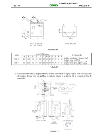 Classificação:Público
ND - 5.1 ANEXO D- 4
Desenho D3
MOD.
DIMENSÕES (mm)
UTILIZAÇÃO
A B C D E F G H I J K L
CM-13 280 160 300 40 100 65 60 49 49 49 60 40
Medidor monofásico e disjuntor LVP
Medição direta até 10kW
CM-14 345 210 460 50 155 65 60 49 49 49 55 50
Medidor polifásico e disjuntor LVP
Medição direta de 10,1kW a 47kVA
Tabela D4
18. No desenho D5 abaixo é apresentado o padrão com ramal de ligação aéreo com instalação em
alvenaria e leitura pela via pública e medição direta, e na tabela D6 a respectiva lista de
materiais.
Desenho D5
 