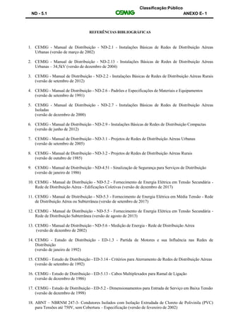 Classificação:Público
ND - 5.1 ANEXO E- 1
REFERÊNCIAS BIBLIOGRÁFICAS
1. CEMIG - Manual de Distribuição - ND-2.1 - Instalações Básicas de Redes de Distribuição Aéreas
Urbanas (versão de março de 2002)
2. CEMIG - Manual de Distribuição - ND-2.13 - Instalações Básicas de Redes de Distribuição Aéreas
Urbanas – 34,5kV (versão de dezembro de 2004)
3. CEMIG - Manual de Distribuição - ND-2.2 - Instalações Básicas de Redes de Distribuição Aéreas Rurais
(versão de setembro de 2012)
4. CEMIG - Manual de Distribuição - ND-2.6 - Padrões e Especificações de Materiais e Equipamentos
(versão de setembro de 1991)
5. CEMIG - Manual de Distribuição - ND-2.7 - Instalações Básicas de Redes de Distribuição Aéreas
Isoladas
(versão de dezembro de 2000)
6. CEMIG - Manual de Distribuição - ND-2.9 - Instalações Básicas de Redes de Distribuição Compactas
(versão de junho de 2012)
7. CEMIG - Manual de Distribuição - ND-3.1 - Projetos de Redes de Distribuição Aéreas Urbanas
(versão de setembro de 2005)
8. CEMIG - Manual de Distribuição - ND-3.2 - Projetos de Redes de Distribuição Aéreas Rurais
(versão de outubro de 1985)
9. CEMIG - Manual de Distribuição - ND-4.51 - Sinalização de Segurança para Serviços de Distribuição
(versão de janeiro de 1986)
10. CEMIG - Manual de Distribuição - ND-5.2 - Fornecimento de Energia Elétrica em Tensão Secundária -
Rede de Distribuição Aérea - Edificações Coletivas (versão de dezembro de 2017)
11. CEMIG - Manual de Distribuição - ND-5.3 - Fornecimento de Energia Elétrica em Média Tensão - Rede
de Distribuição Aérea ou Subterrânea (versão de setembro de 2017)
12. CEMIG - Manual de Distribuição - ND-5.5 - Fornecimento de Energia Elétrica em Tensão Secundária -
Rede de Distribuição Subterrânea (versão de agosto de 2013)
13. CEMIG - Manual de Distribuição - ND-5.6 - Medição de Energia - Rede de Distribuição Aérea
(versão de dezembro de 2002)
14. CEMIG - Estudo de Distribuição - ED-1.3 - Partida de Motores e sua Influência nas Redes de
Distribuição
(versão de janeiro de 1992)
15. CEMIG - Estudo de Distribuição - ED-3.14 - Critérios para Aterramento de Redes de Distribuição Aéreas
(versão de setembro de 1992)
16. CEMIG - Estudo de Distribuição - ED-5.13 - Cabos Multiplexados para Ramal de Ligação
(versão de dezembro de 1986)
17. CEMIG - Estudo de Distribuição - ED-5.2 - Dimensionamentos para Entrada de Serviço em Baixa Tensão
(versão de dezembro de 1998)
18. ABNT – NBRNM 247-3- Condutores Isolados com Isolação Extrudada de Cloreto de Polivinila (PVC)
para Tensões até 750V, sem Cobertura – Especificação (versão de fevereiro de 2002)
 