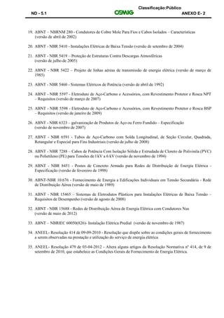 Classificação:Público
ND - 5.1 ANEXO E- 2
19. ABNT – NBRNM 280 - Condutores de Cobre Mole Para Fios e Cabos Isolados – Características
(versão de abril de 2002)
20. ABNT - NBR 5410 - Instalações Elétricas de Baixa Tensão (versão de setembro de 2004)
21. ABNT - NBR 5419 – Proteção de Estruturas Contra Descargas Atmosféricas
(versão de julho de 2005)
22. ABNT - NBR 5422 – Projeto de linhas aéreas de transmissão de energia elétrica (versão de março de
1985)
23. ABNT - NBR 5460 - Sistemas Elétricos de Potência (versão de abril de 1992)
24. ABNT - NBR 5597 - Eletroduto de Aço-Carbono e Acessórios, com Revestimento Protetor e Rosca NPT
– Requisitos (versão de março de 2007)
25. ABNT - NBR 5598 - Eletroduto de Aço-Carbono e Acessórios, com Revestimento Protetor e Rosca BSP
– Requisitos (versão de janeiro de 2009)
26. ABNT - NBR 6323 – galvanização de Produtos de Aço ou Ferro Fundido – Especificação
(versão de novembro de 2007)
27. ABNT - NBR 6591 - Tubos de Aço-Carbono com Solda Longitudinal, de Seção Circular, Quadrada,
Retangular e Especial para Fins Industriais (versão de julho de 2008)
28. ABNT - NBR 7288 – Cabos de Potência Com Isolação Sólida e Extrudada de Cloreto de Polivinila (PVC)
ou Polietileno (PE) para Tensões de l kV a 6 kV (versão de novembro de 1994)
29. ABNT - NBR 8451 - Postes de Concreto Armado para Redes de Distribuição de Energia Elétrica -
Especificação (versão de fevereiro de 1998)
30. ABNT-NBR 10.676 - Fornecimento de Energia a Edificações Individuais em Tensão Secundária - Rede
de Distribuição Aérea (versão de maio de 1989)
31. ABNT - NBR 15465 – Sistemas de Eletrodutos Plásticos para Instalações Elétricas de Baixa Tensão –
Requisitos de Desempenho (versão de agosto de 2008)
32. ABNT - NBR 15688 - Redes de Distribuição Aérea de Energia Elétrica com Condutores Nus
(versão de maio de 2012)
33. ABNT – NBRIEC 60050(826)- Instalação Elétrica Predial (versão de novembro de 1987)
34. ANEEL- Resolução 414 de 09-09-2010 - Resolução que dispõe sobre as condições gerais de fornecimento
a serem observadas na prestação e utilização do serviço de energia elétrica
35. ANEEL- Resolução 479 de 03-04-2012 - Altera alguns artigos da Resolução Normativa nº 414, de 9 de
setembro de 2010, que estabelece as Condições Gerais de Fornecimento de Energia Elétrica.
 