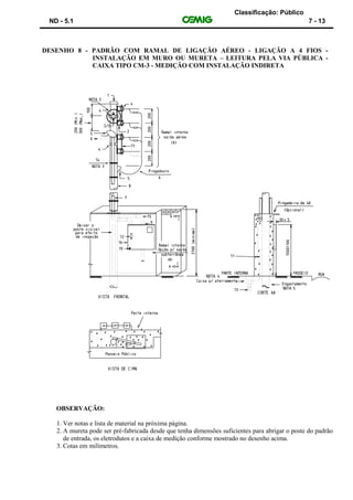 Classificação: Público
ND - 5.1 7 - 13
DESENHO 8 - PADRÃO COM RAMAL DE LIGAÇÃO AÉREO - LIGAÇÃO A 4 FIOS -
INSTALAÇÃO EM MURO OU MURETA – LEITURA PELA VIA PÚBLICA -
CAIXA TIPO CM-3 - MEDIÇÃO COM INSTALAÇÃO INDIRETA
OBSERVAÇÃO:
1. Ver notas e lista de material na próxima página.
2. A mureta pode ser pré-fabricada desde que tenha dimensões suficientes para abrigar o poste do padrão
de entrada, os eletrodutos e a caixa de medição conforme mostrado no desenho acima.
3. Cotas em milímetros.
 