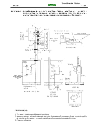 Classificação: Público
ND - 5.1 7 - 15
DESENHO 9 - PADRÃO COM RAMAL DE LIGAÇÃO AÉREO - LIGAÇÃO A 2, 3 e 4 FIOS -
INSTALAÇÃO EM MURO OU MURETA – LEITURA PELA VIA PÚBLICA -
CAIXA TIPO CM-13 OU CM-14 – MEDIÇÃO COM INSTALAÇÃO DIRETA
OBSERVAÇÃO:
1. Ver notas e lista de material na próxima página.
2. A mureta pode ser pré-fabricada desde que tenha dimensões suficientes para abrigar o poste do padrão
de entrada, os eletrodutos e a caixa de medição conforme mostrado no desenho acima.
3. Cotas em milímetros.
 