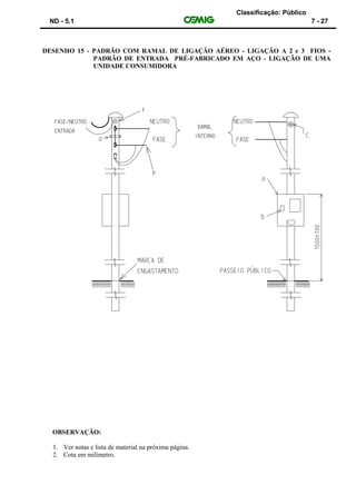 Classificação: Público
ND - 5.1 7 - 27
DESENHO 15 - PADRÃO COM RAMAL DE LIGAÇÃO AÉREO - LIGAÇÃO A 2 e 3 FIOS -
PADRÃO DE ENTRADA PRÉ-FABRICADO EM AÇO - LIGAÇÃO DE UMA
UNIDADE CONSUMIDORA
OBSERVAÇÃO:
1. Ver notas e lista de material na próxima página.
2. Cota em milímetro.
 