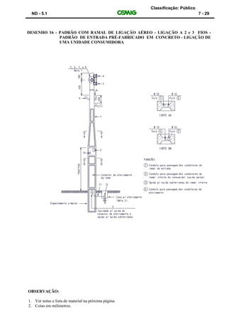 Classificação: Público
ND - 5.1 7 - 29
DESENHO 16 - PADRÃO COM RAMAL DE LIGAÇÃO AÉREO - LIGAÇÃO A 2 e 3 FIOS -
PADRÃO DE ENTRADA PRÉ-FABRICADO EM CONCRETO - LIGAÇÃO DE
UMA UNIDADE CONSUMIDORA
OBSERVAÇÃO:
1. Ver notas e lista de material na próxima página.
2. Cotas em milímetros.
 