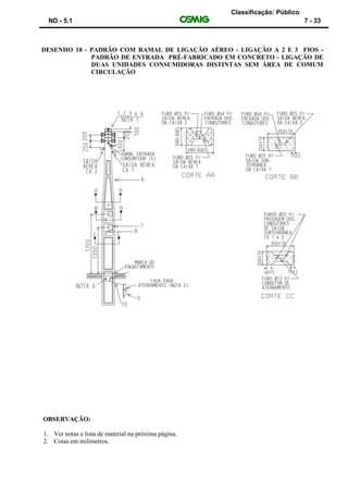 Classificação: Público
ND - 5.1 7 - 33
DESENHO 18 - PADRÃO COM RAMAL DE LIGAÇÃO AÉREO - LIGAÇÃO A 2 E 3 FIOS -
PADRÃO DE ENTRADA PRÉ-FABRICADO EM CONCRETO - LIGAÇÃO DE
DUAS UNIDADES CONSUMIDORAS DISTINTAS SEM ÁREA DE COMUM
CIRCULAÇÃO
OBSERVAÇÃO:
1. Ver notas e lista de material na próxima página.
2. Cotas em milímetros.
 